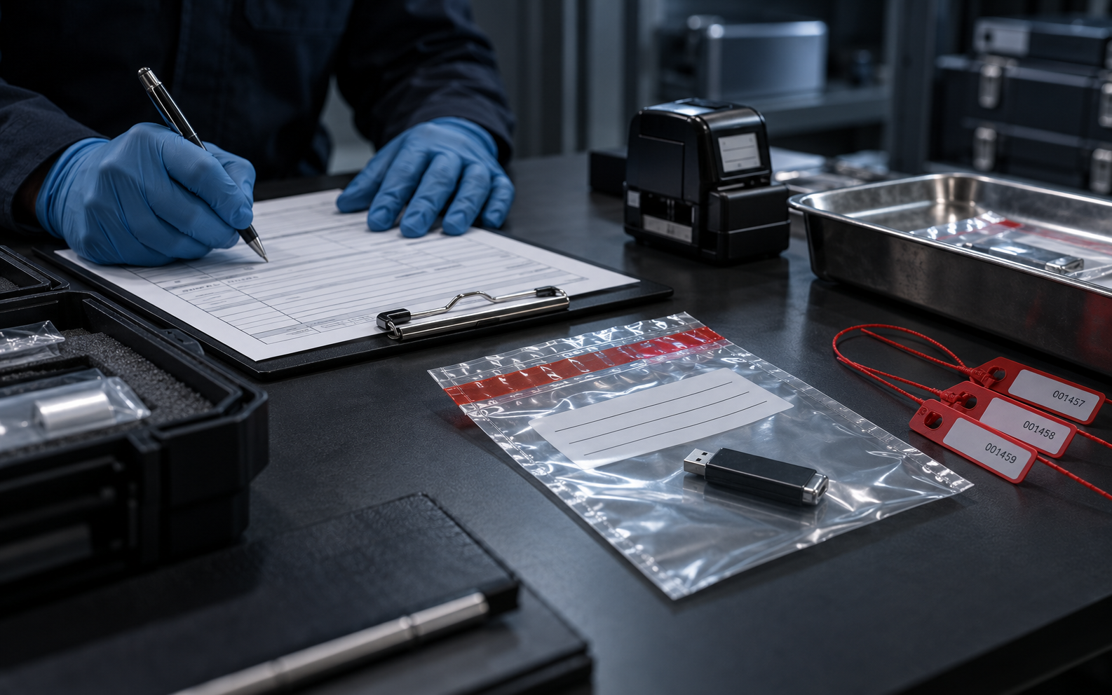 Hands documenting USB evidence chain of custody
