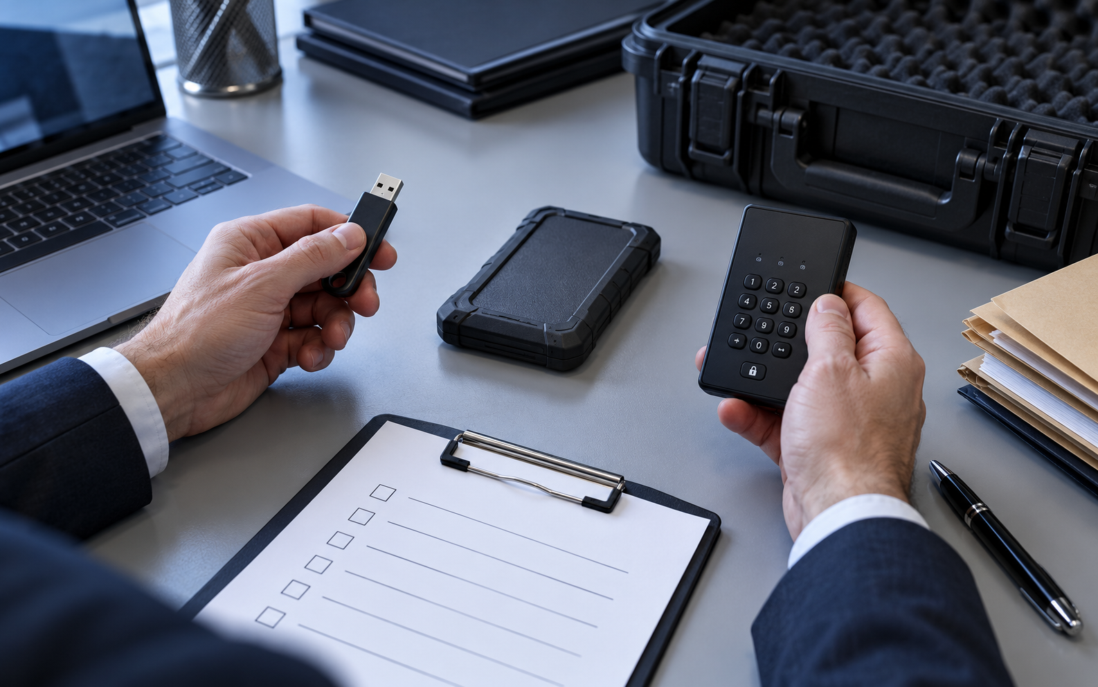 Faceless professional comparing removable-drive protection options