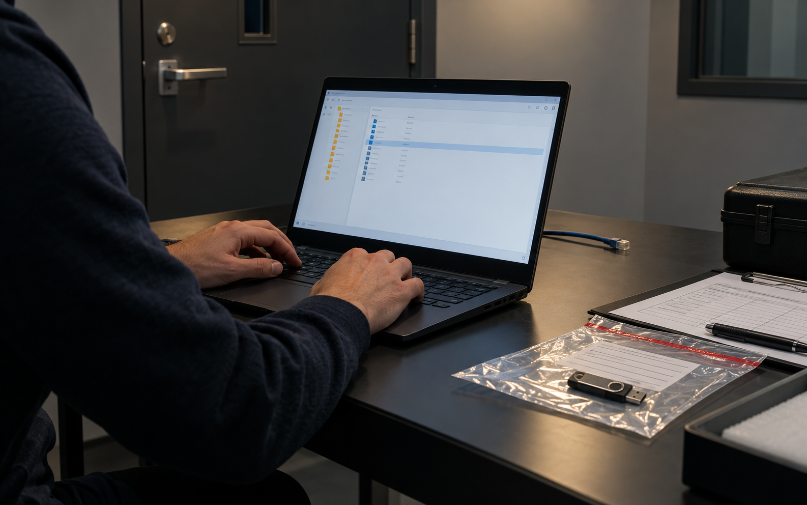Faceless auditor testing evidence access on an offline laptop