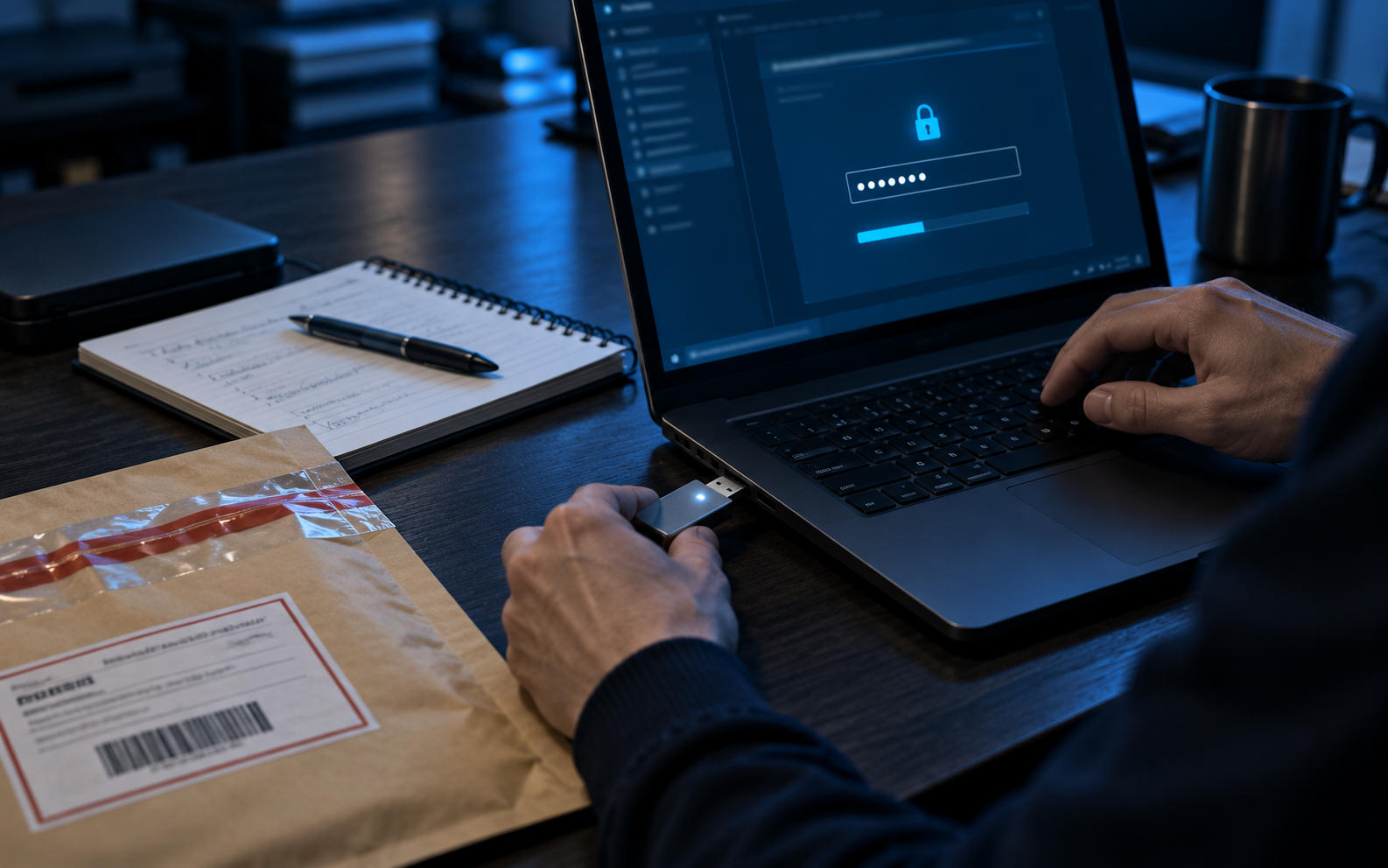Hands password-protecting an audit delivery USB
